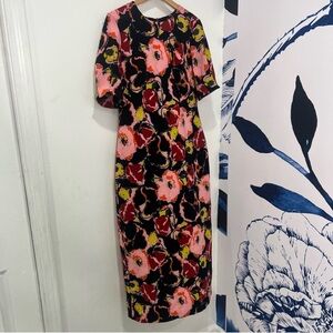Zara Black Floral Midi Dress with Pink and Red Blooms